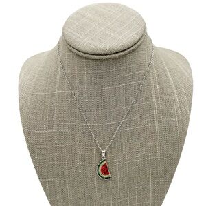 NWOT Macy’s Crystal Watermelon Slice Pendant Silver Tone Necklace